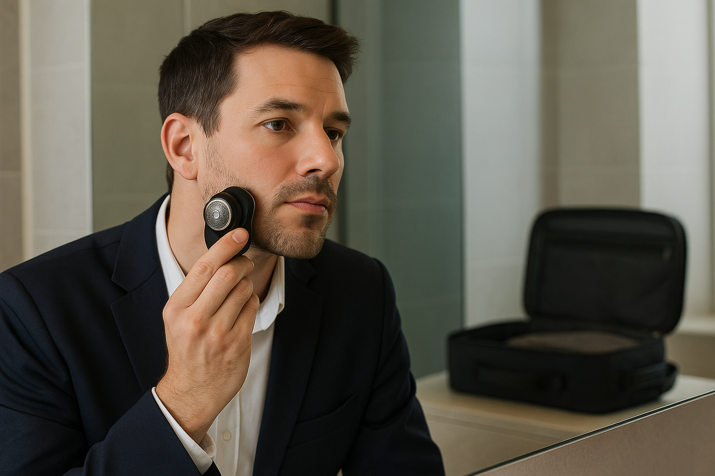 Lifestyle image showing Mini Electric Shaver in use