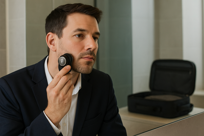 Lifestyle image showing Mini Electric Shaver in use